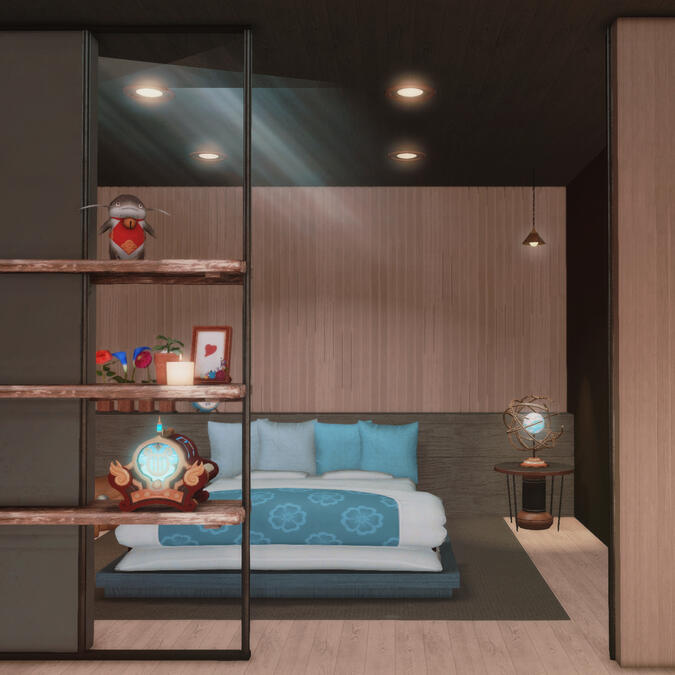 Black Blue Apartment ft. bedroom shelf